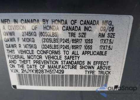 2007 Honda Ridgeline Rt z USA, uszkodzony, nr VIN 2HJYK16287H517429